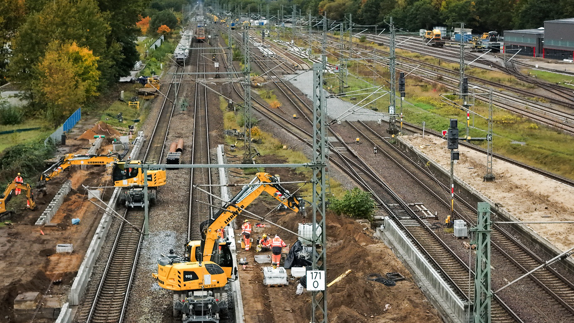Vogelperskeptive auf Gleise und Baufahrzeuge